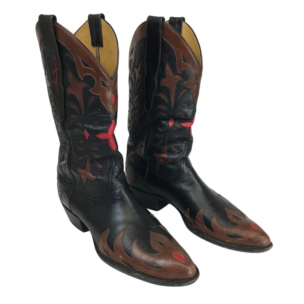 TRES OUTLAWS ~ MENS 10D ~ CUSTOM WESTERN COWBOY BOOTS ~ BLACK BROWN RED LETTER A